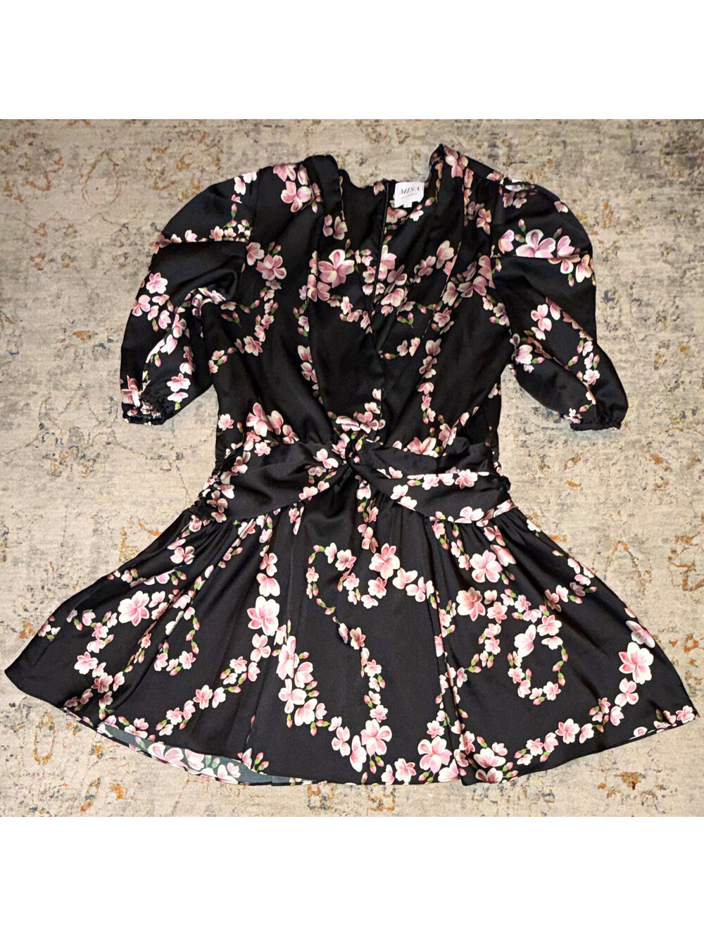 MISA Los Angeles Black Pink Floral V-Neck Satin Puff Sleeve Tie Dress Sz L A374
